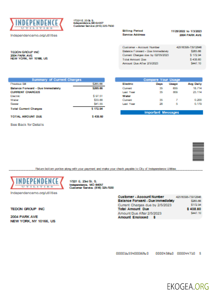 Facture commerciale de services publics du City of Independence Utilities Center (IUC), SCR